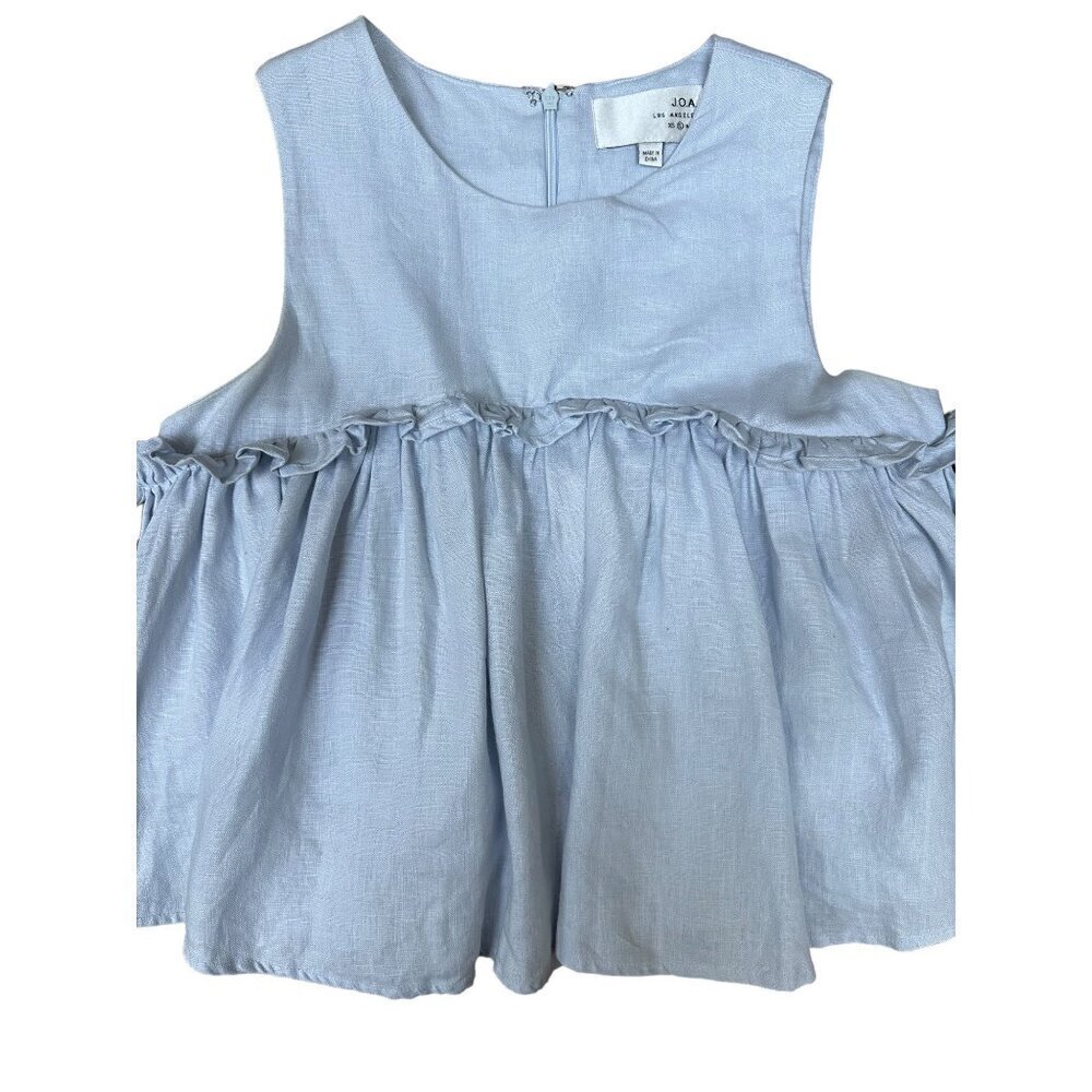 J.O.A. Los Angeles Layered Ruffle Cold Shoulder Top Chambray 100% Linen Size S - Picture 3 of 8